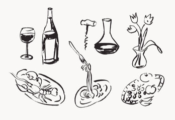 Wine and food line art design elements, hand drawn illustrations