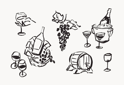 Wine picnic line art design elements, hand drawn vector illustrations