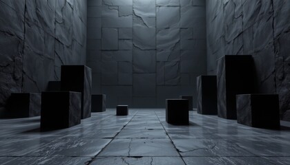 Dark minimalist interior featuring textured stone walls and scattered geometric pedestals