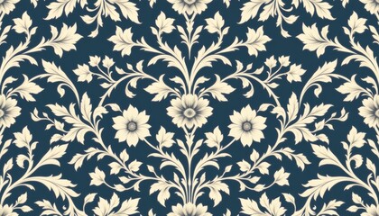 Cream floral damask pattern on deep blue background intricate vintage botanical motif