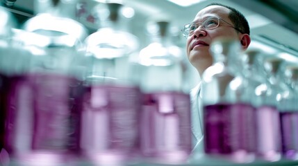 Naklejka premium a scientist at laboratory full of flask and bottle with colorful substance 