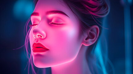 Ethereal Glowing Neon Human Face - Cyberpunk Aesthetic, Dreamlike Light Aura, Soft Spiritual Vibe, Otherworldly Portrait, Gentle Color Contrasts