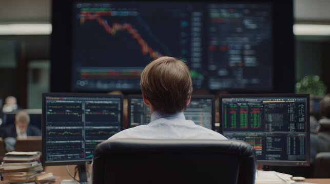 Stock market professional, back view of a man with financial graph on big screens