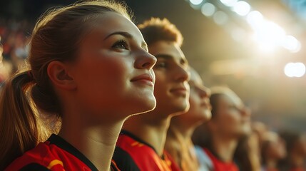 Multiethnic young people in red jerseys gaze upwards, bathed in stadium lights, showing focus