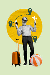 Poster zine image photo art collage of happy old man hold plane passenger geolocation route...