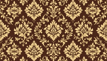 Detailed gold damask floral pattern on a dark brown background seamless repeat design