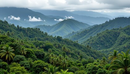 Lush green tropical mountains with palm trees under a cloudy sky landscape
