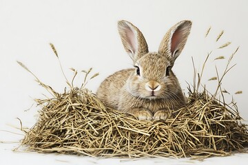 Obraz premium Adorable bunny rabbit nestled in a cozy straw nest looking directly at the camera.
