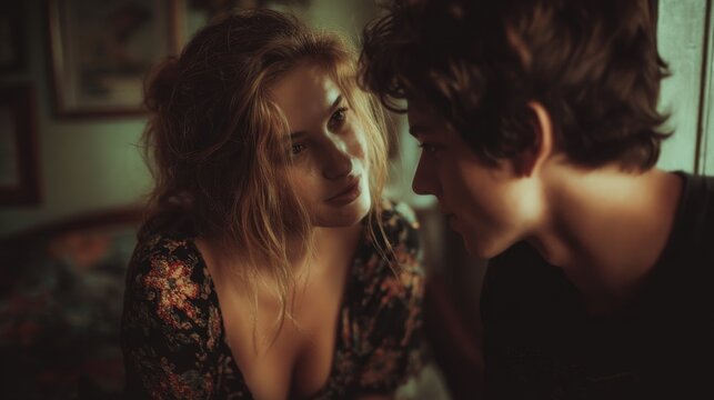 love couple sits closely together, gently comforting each other while having a serious conversation. Their expressions show concern and emotional support as they talk through personal issue - Powered by Adobe