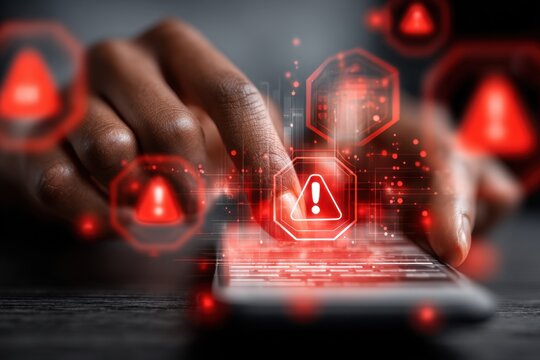 A finger taps a digital keyboard overlaid with glowing red warning icons, signaling a system error.