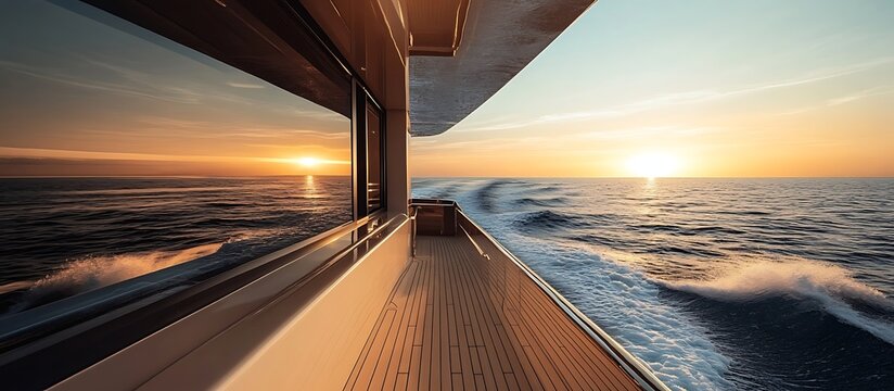 Luxury yacht sailing at sunset with ocean view and golden light for travel and vacation - Powered by Adobe