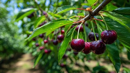 Obraz premium beautiful red ripe cheery hanging down on it fruitful tree 