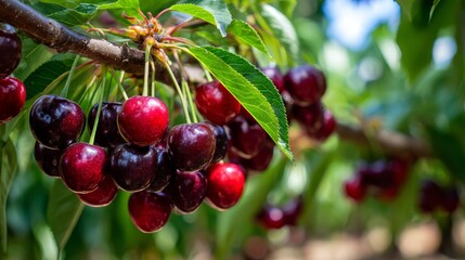 beautiful red ripe cheery hanging down on it fruitful tree 