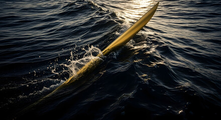 A blue boat sails across the shimmering surface of the ocean, its wake a white foam on the summer waves, inviting travel and sport in nature's embrace