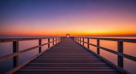 Obraz premium A wooden pier stretches into calm water under a vibrant sunset sky with orange and purple hues.