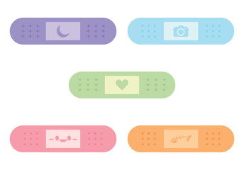 Bundle set isolated illustration cartoon wound plaster with pastels blue, pink, purple, green, orange, and purple color