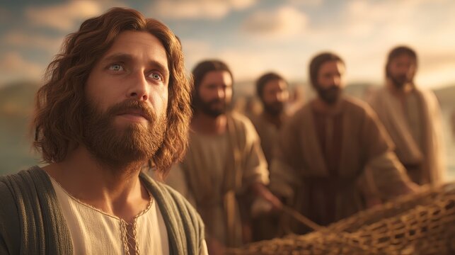 Jesus Crist with apostle in the boat at the sea of Galilee 
