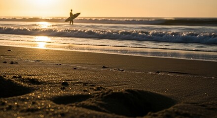 Obraz premium A surfer walks into the ocean at sunset, carrying a surfboard, with waves and golden light.