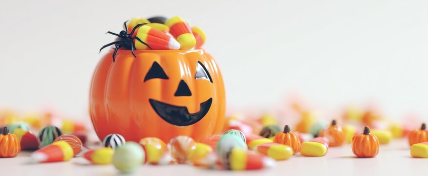 The cheerful Halloween pumpkin overflowing with colorful candy and spooky decorations.
