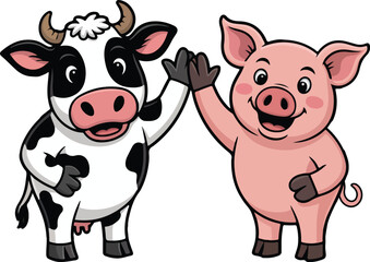 Fototapeta premium Happy cow and pig giving high five together. transparent png vector
