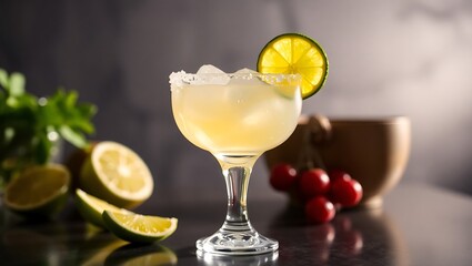 Classic margarita in a salt-rimmed glass with lime garnish, backlit for sparkle effect, no human elements