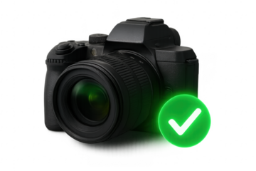 Modern Digital Camera with Green Check Mark on Transparent Background