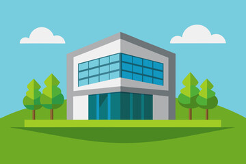 isolated modern office in middle of green field