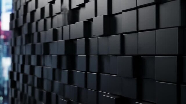 Black Cubes Patterned Wall Perspective View in Cityscape Background with Light and Shadow