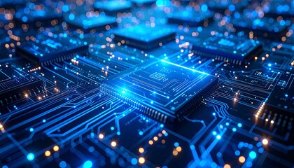 Fototapeta premium Close-up of complex circuit board with numerous processors. Intricate network of interconnected components, highlighted with glowing blue light
