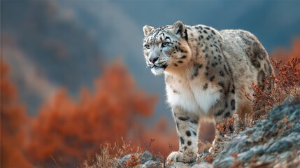 Obraz premium snow leopard at nature grass field