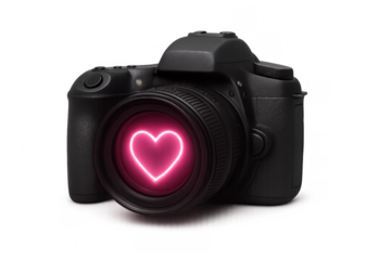 Digital single lens reflex camera showing pink neon heart on transparent background