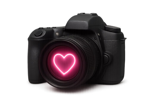 Digital single lens reflex camera showing pink neon heart on transparent background