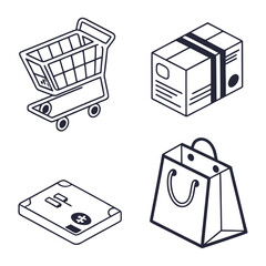 Shopping cart, box, credit card, and bag isolated on white background