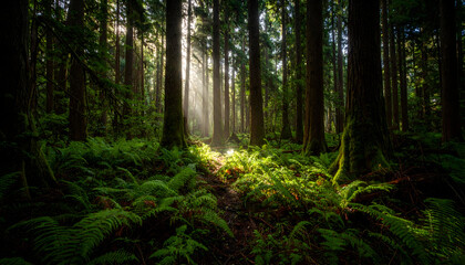 Fototapeta premium Sunlit Forest Path Lush Green Canopy Sunlight Beams