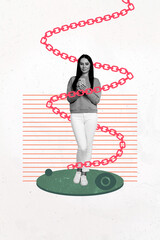 Sketch composite 3D photo collage artwork of young woman stand model posing hand hold phone...