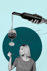 Trendy art creative zine photo collage of happy girl guy enjoy weekend chill alcohol wine bottle...