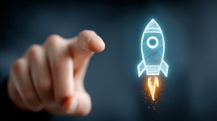 A digital rocket launches into the future with a touch, symbolizing innovation and the start of a successful business