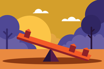 wooden seesaw in a quiet park at sunset