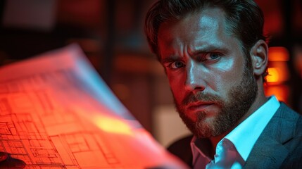 Focused businessman studying architectural plans