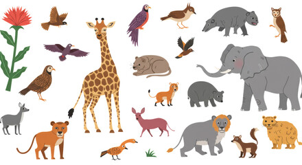 Obraz premium A vibrant illustration showcasing a diverse collection of safari animals in their natural habitat with lush greenery and a large red flower