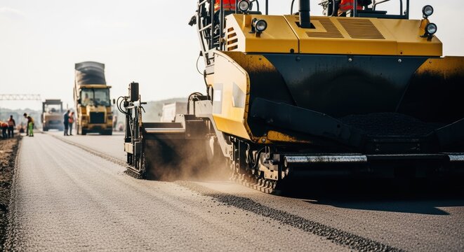 Asphalt paver machine smoothing new highway surface at work site