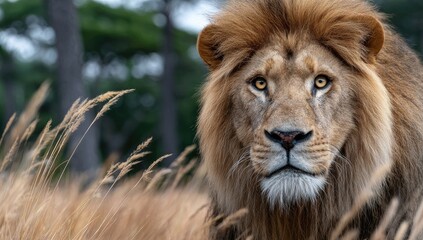 Fototapeta premium A majestic lion, the king of its kingdom, roams through an open savannah surrounded by tall grasses and acacia trees under a clear sky
