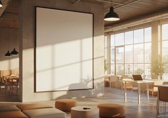 Stylish blank poster mockup in a modern co-working space environment. Perfect for business, tech, startup, or educational branding campaigns. Clean, warm, and professional.
