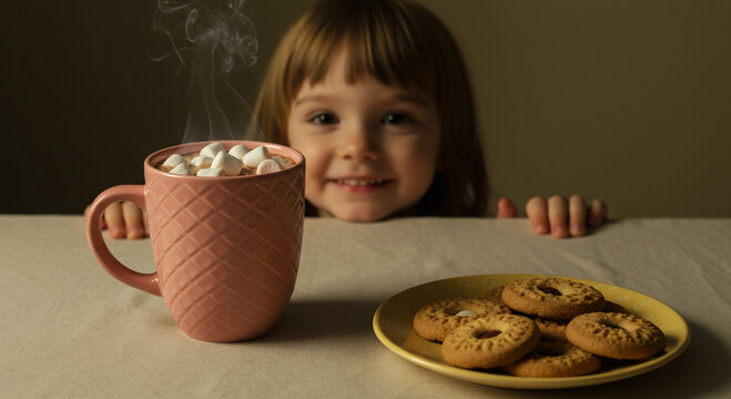 A happy little girl enjoys homemade hot cocoa with marshmallows and cookies.
