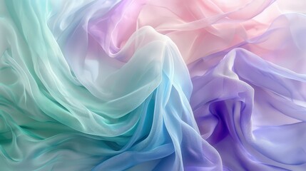 Obraz premium An abstract image of soft, overlapping layers of translucent, flowing fabric. The ethereal pastel colors blend from warm peach to cool blue and purple, creating a dreamy and serene atmosphere