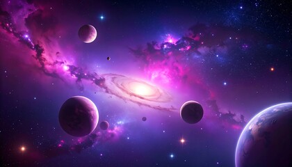 Cosmic nebula with swirling galaxies and planets