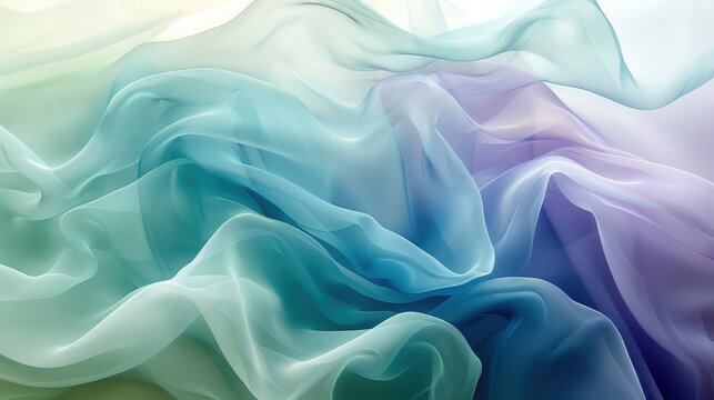 An abstract image of soft, overlapping layers of translucent, flowing fabric. The ethereal pastel colors blend from warm peach to cool blue and purple, creating a dreamy and serene atmosphere