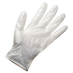 Single translucent white disposable vinyl glove shown from above on a transparent background isolated on transparent background