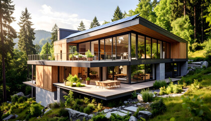 Obraz premium Modern Wood and Glass House on a Hillside