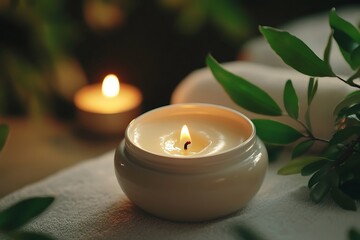 Lit Candle and Cream on Towel with Greenery for a Relaxing Spa Treatment